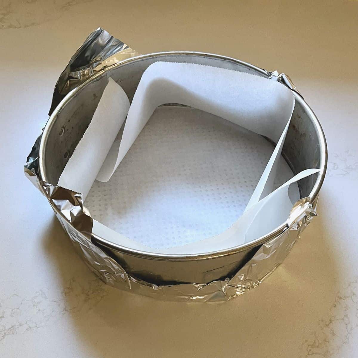 pieces of parchment paper lining a round springform pan and aluminum foil wrapped over the bottom of it.