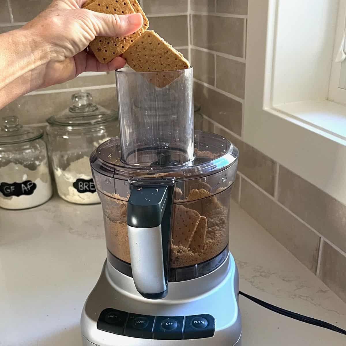hand dropping crackers into food processor.