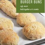 gluten-free hamburger and hot dog buns on tray, with Pinterest label.