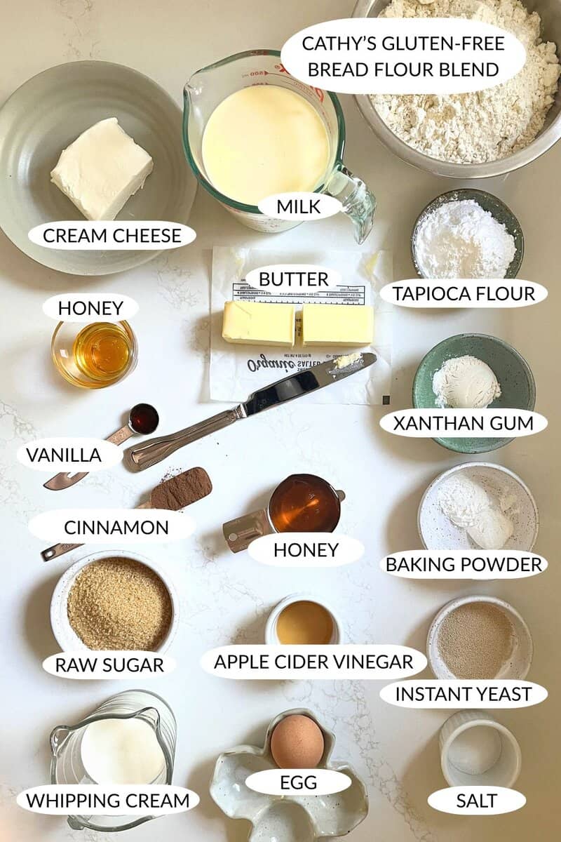 labeled ingredients for gluten-free cinnamon rolls.