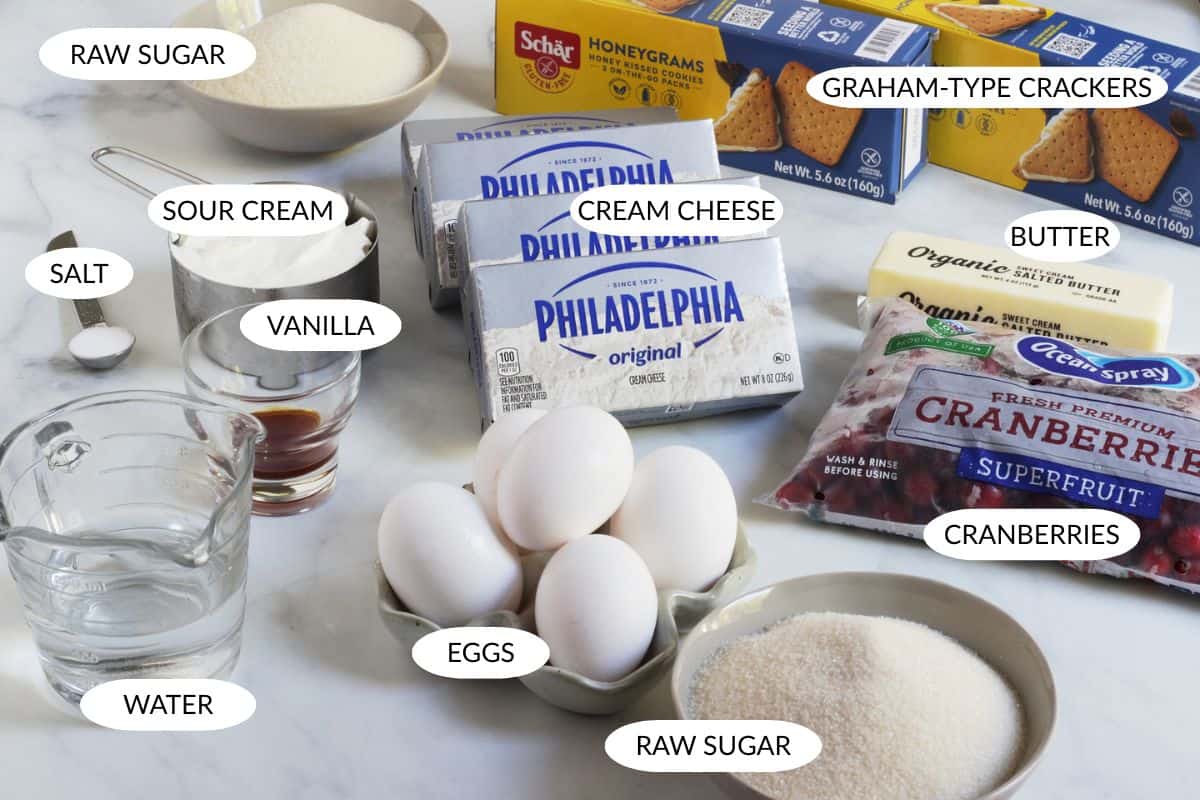 labeled ingredients for gluten-free cranberry cheesecake.