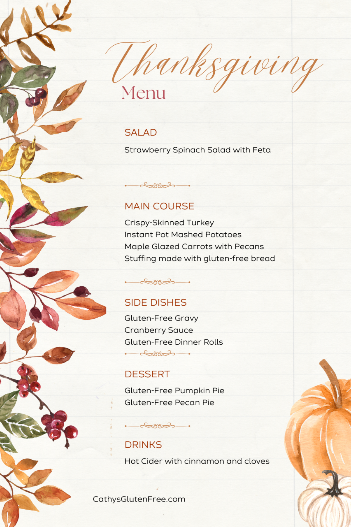 gluten-free Thanksgiving menu decorated in autumn colors with leaves and pumpkin.