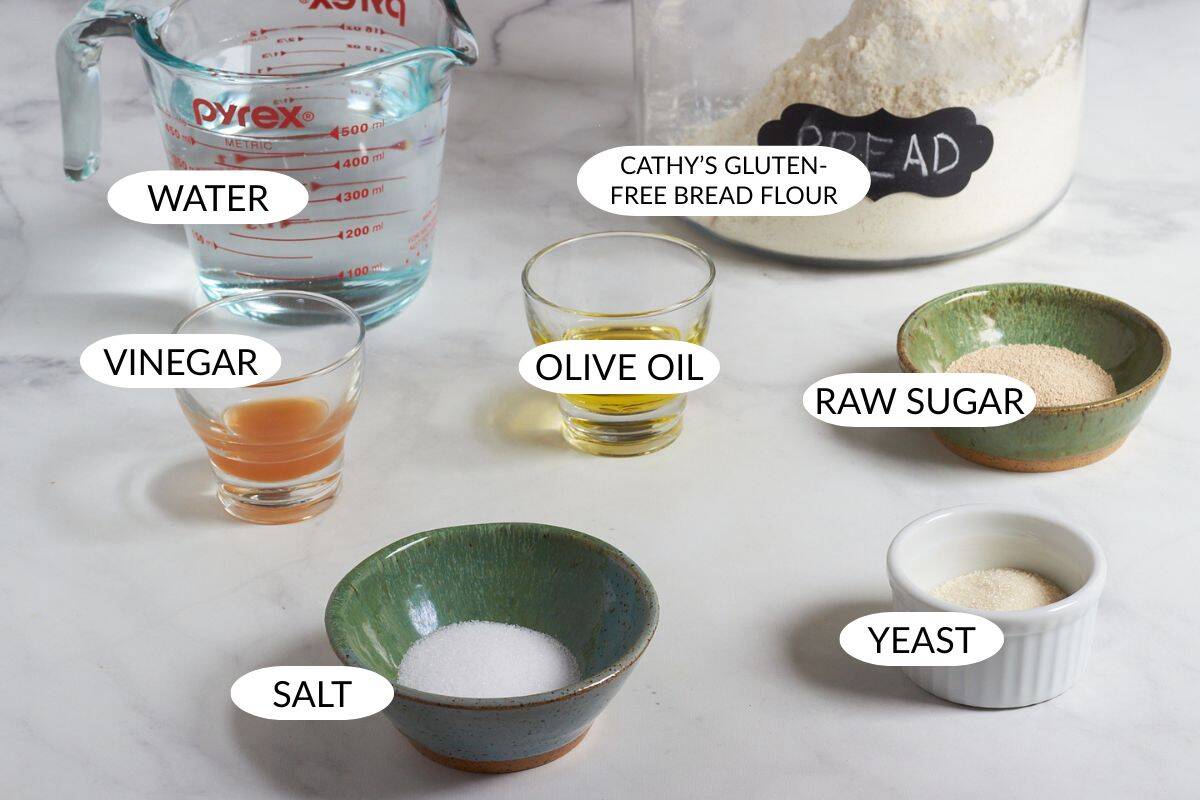 ingredients for gluten-free baguettes, with labels.