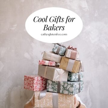 stack of wrapped gifts with title "Cool Gifts for Bakers."