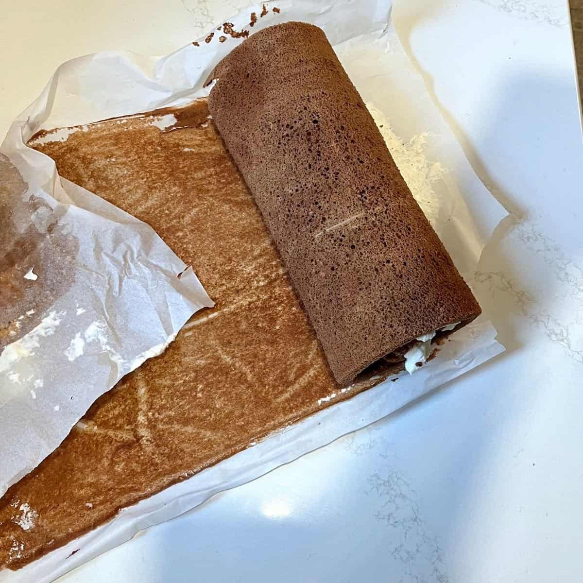 chocolate roll on parchment paper.