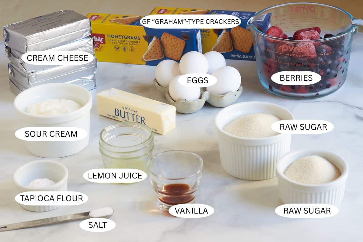 gluten-free cheesecake ingredients with labels.