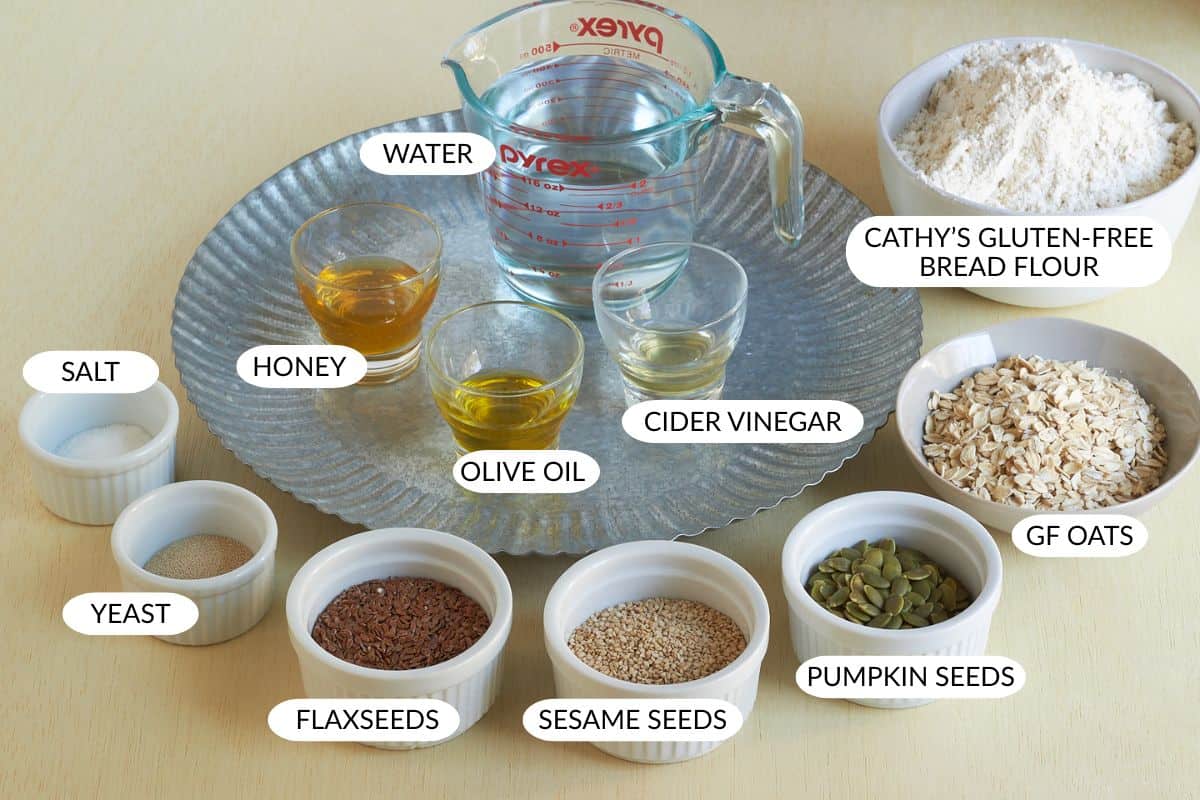 ingredients for gluten-free seed bread, with labels.