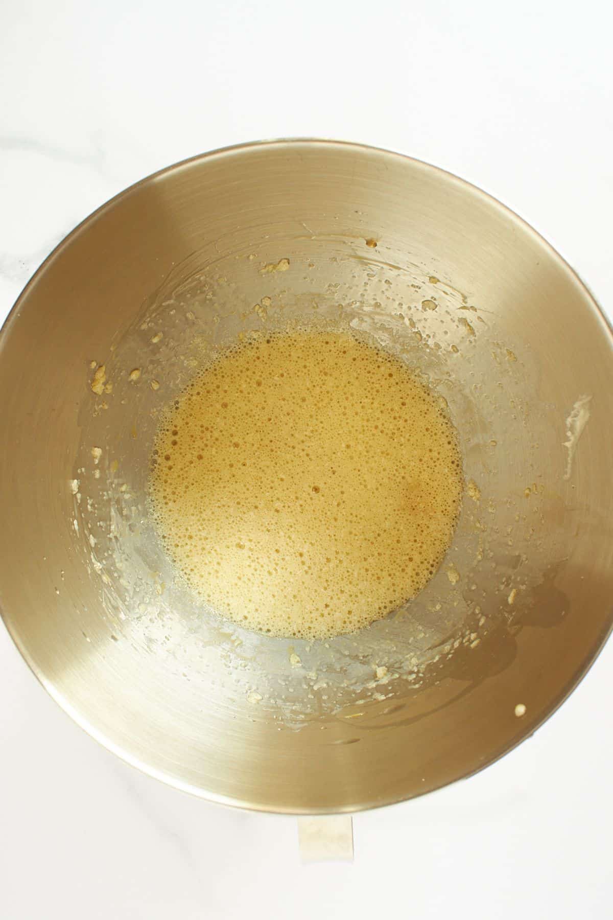 beaten egg mixture in mixing bowl.