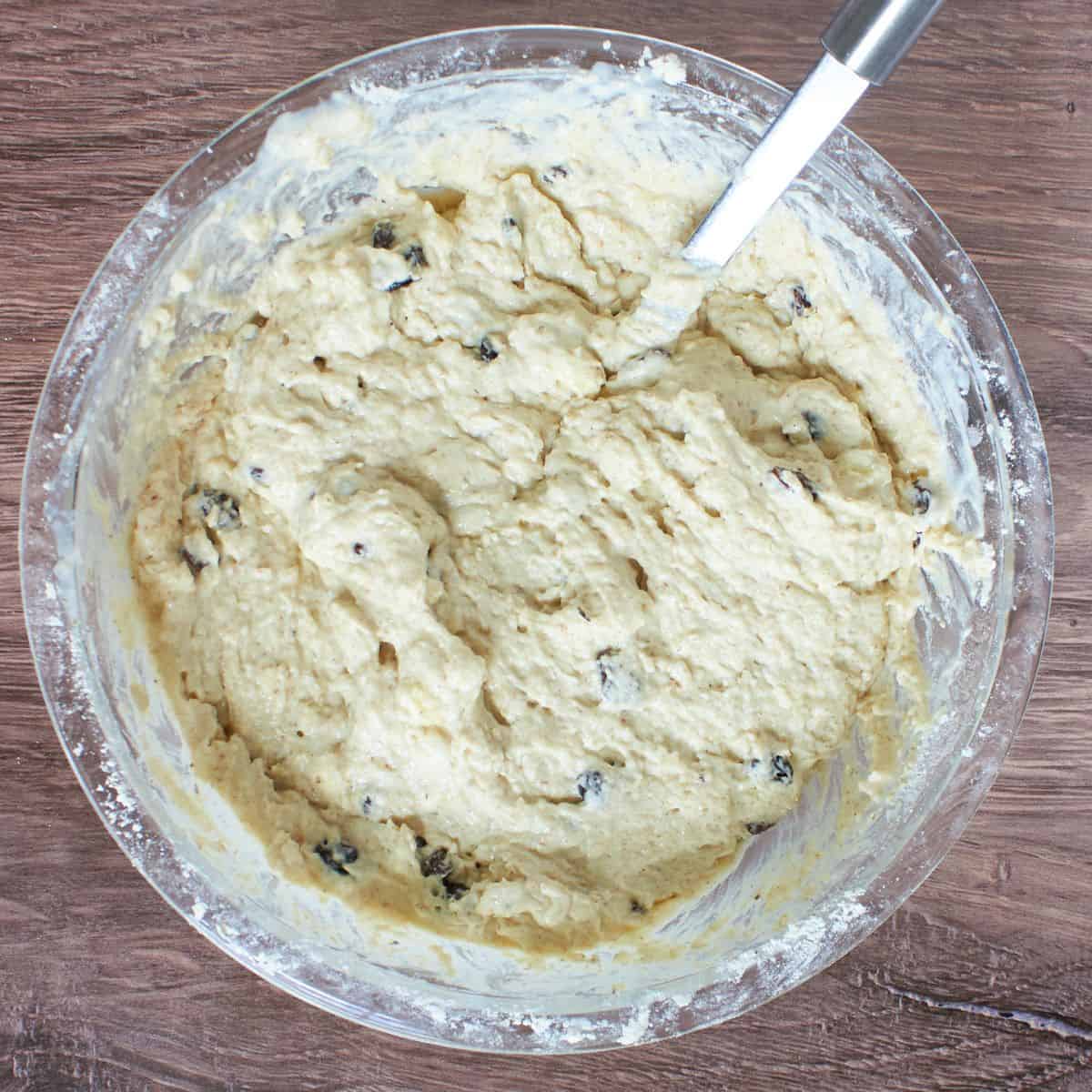 moist batter with raisins stirred in.