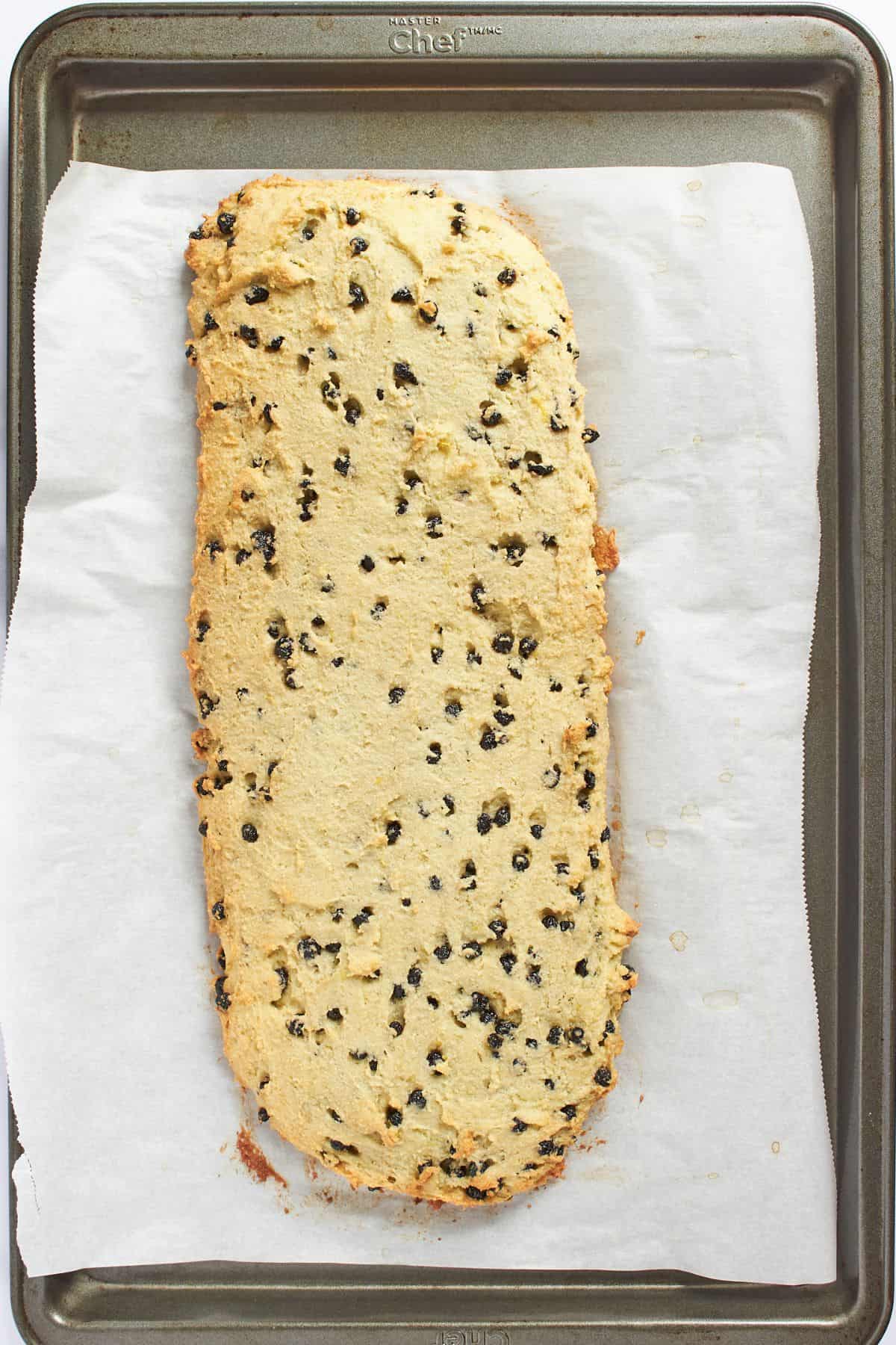 baked oblong dough with slightly browned edges.