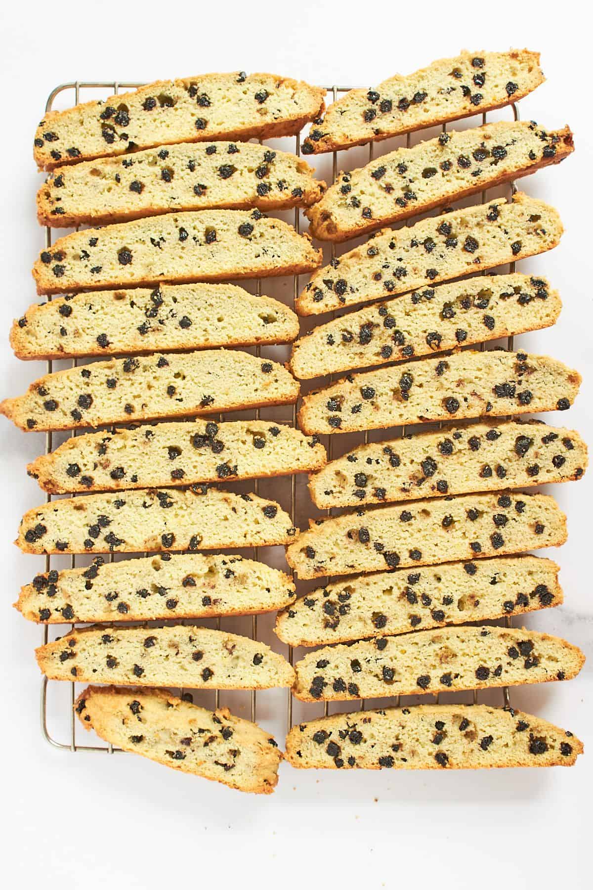 baked biscotti cooling on a wire rack.