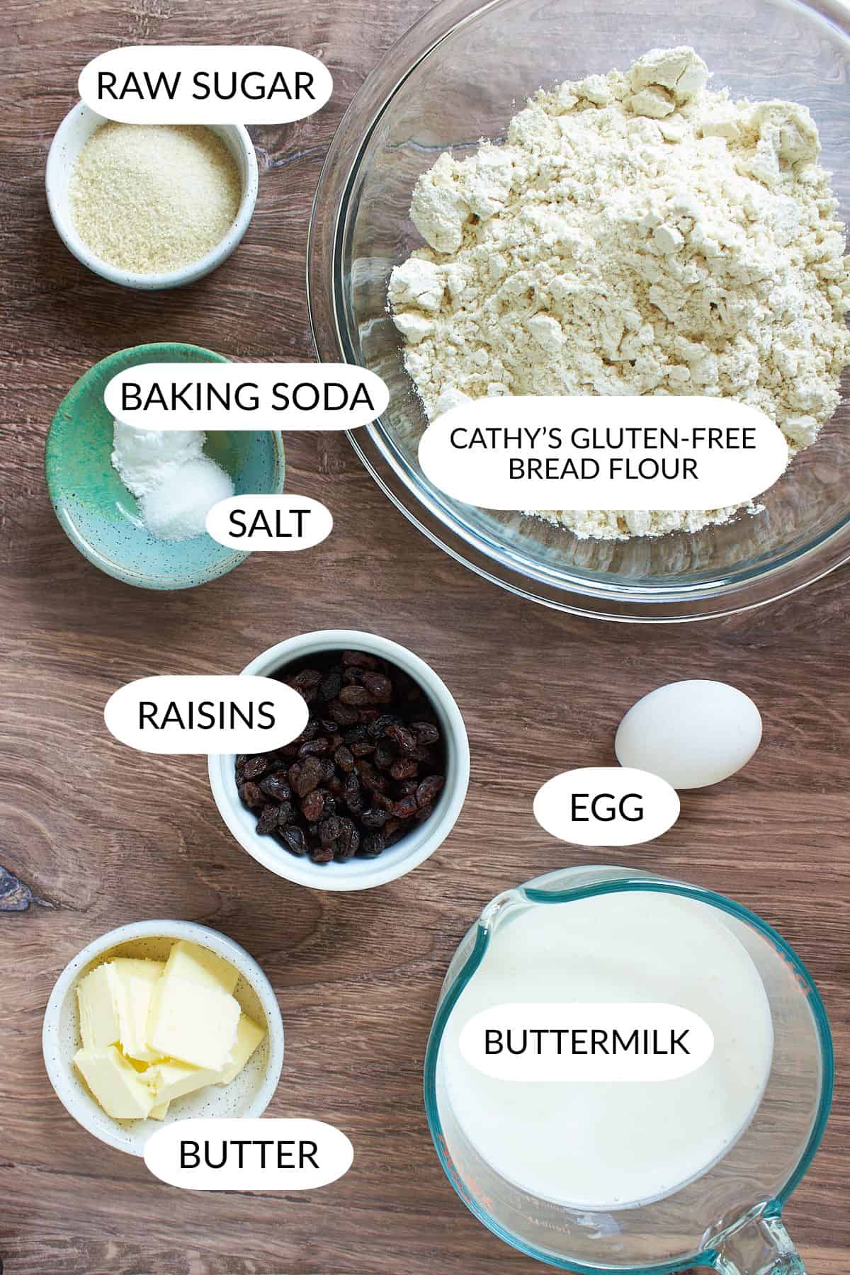 Irish soda bread ingredients with labels.