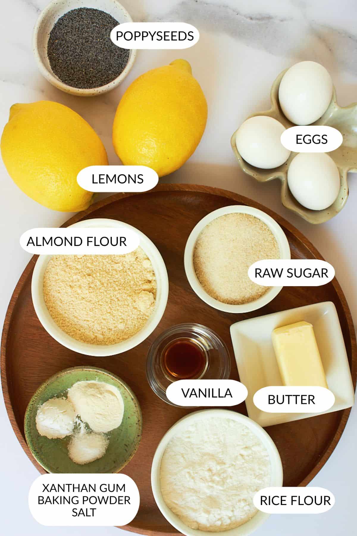gluten-free lemon poppyseed biscotti ingredients with labels.