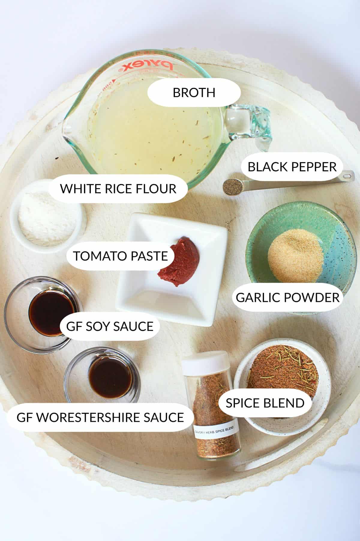 gluten-free stir fry sauce ingredients in small containers, with labels.