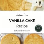 collage of beater in cake batter, text, and two baked cake layers.
