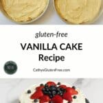 uncooked cake batter in two round pans with finished red, white, and blue cake below.