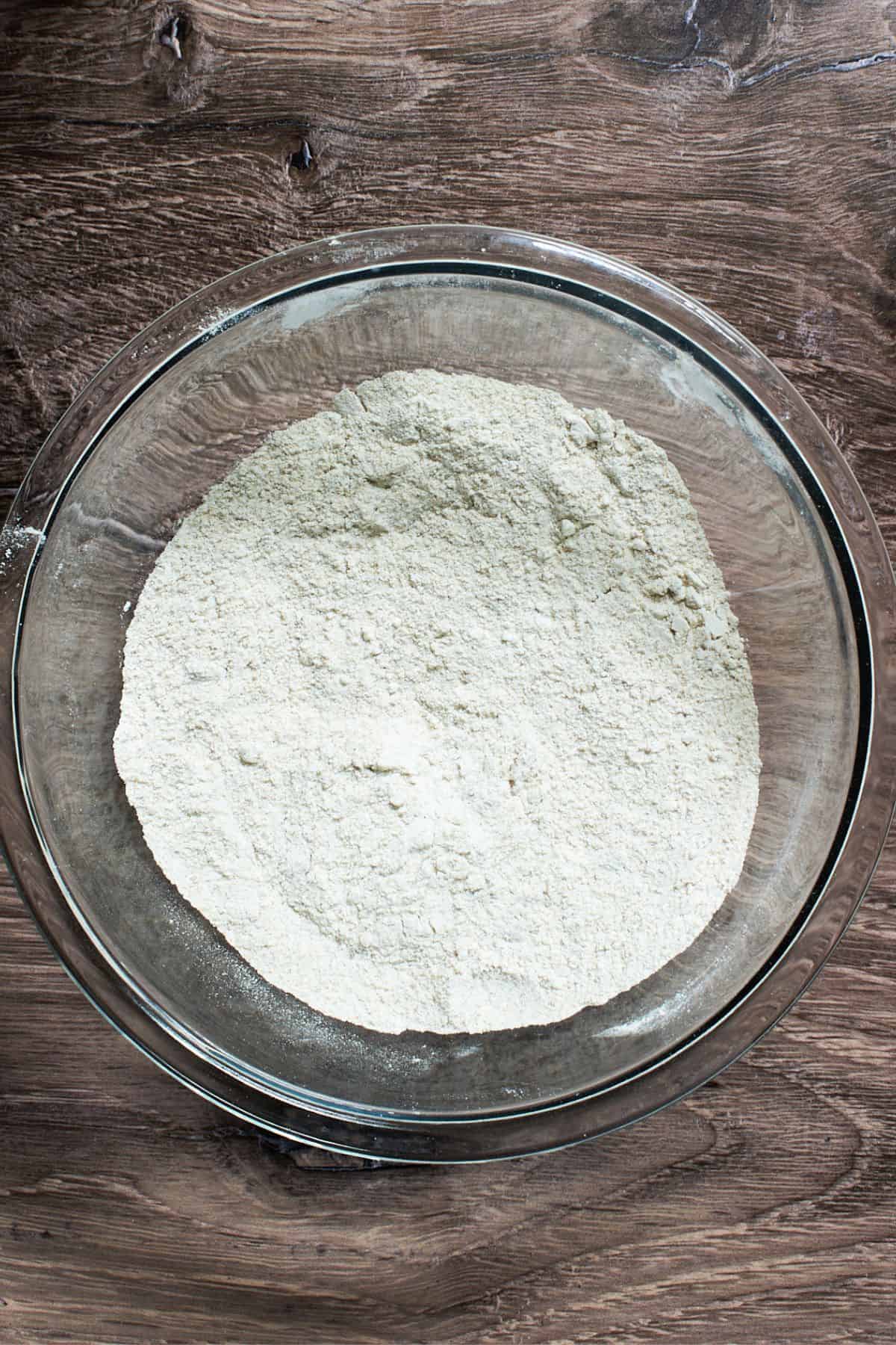 dry, flour mixture in glass bowl.