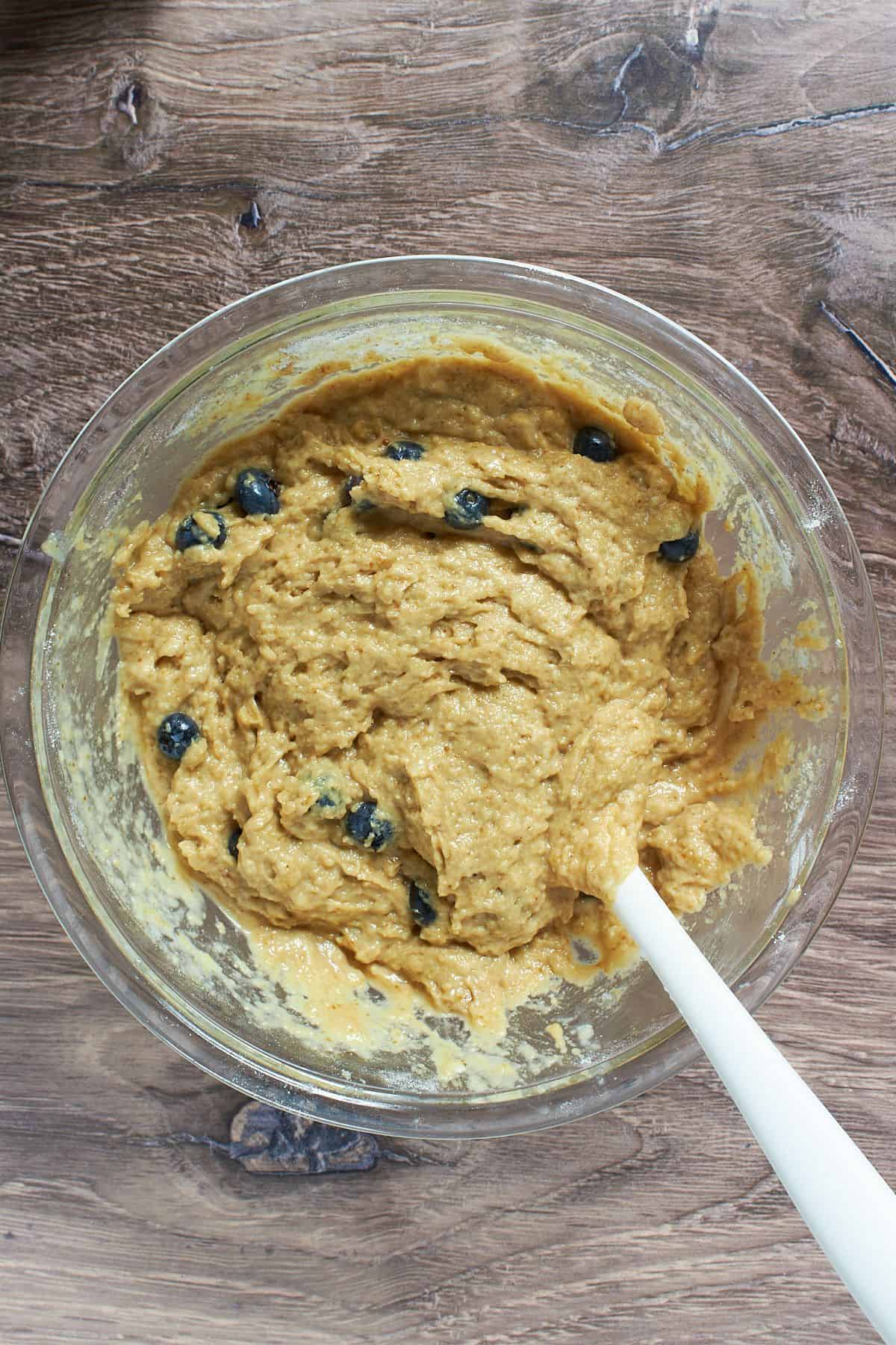 golden batter studded with blueberries.