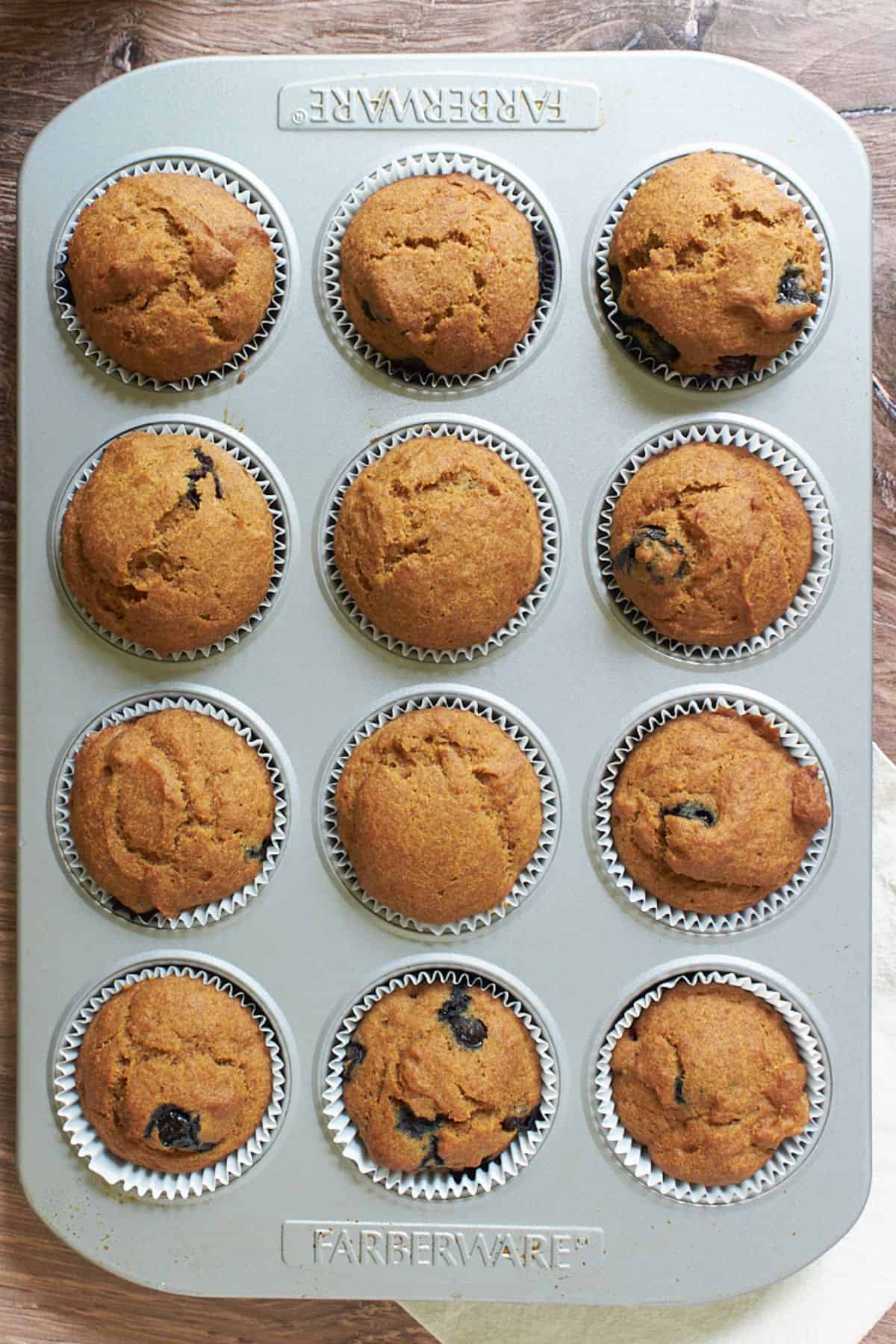 baked, golden brown muffins in pan.
