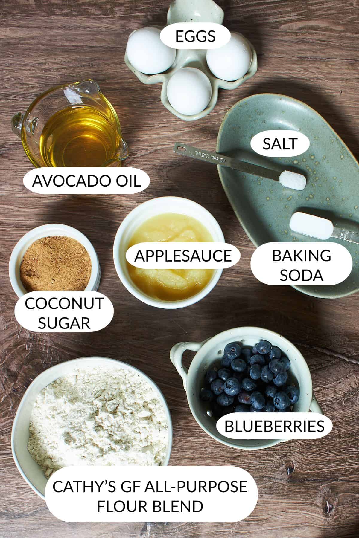 gluten-free blueberry muffin ingredients with labels.