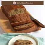 Moist gluten-free banana bread sliced on a wooden cutting board with a piece on a white plate, showcasing its texture and ingredients.