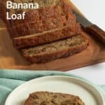 Delicious gluten-free banana loaf sliced on a wooden cutting board with a piece on a white plate, showcasing moist texture and banana chunks, perfect for gluten-sensitive diets.