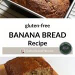 Delicious homemade gluten-free banana bread in a baking pan and sliced on a wooden board, perfect for gluten-sensitive diets.