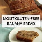 sliced, moist, gluten-free banana loaf on wooden board with part of a slice on a white plate.