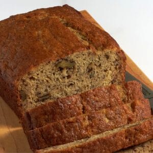 closeup view of sliced gluten-free banana bread.