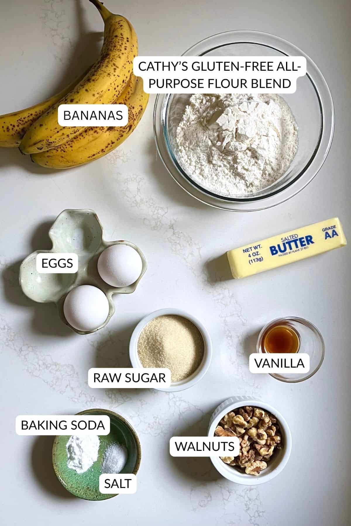 gluten-free banana bread ingredients, labelled.